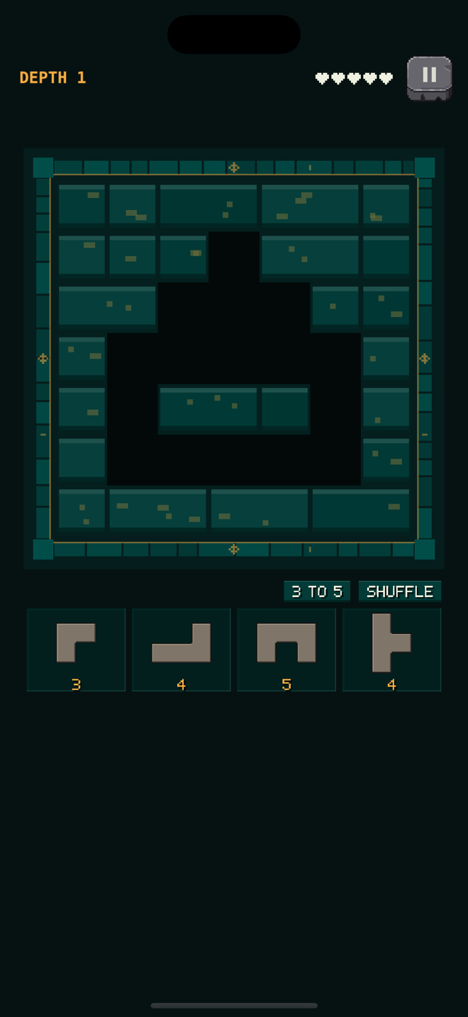 Depth 1: a teal stone course with a gap in the shape of a figure, and four cut stones on the bench below it, marked 3, 4, 5 and 4.