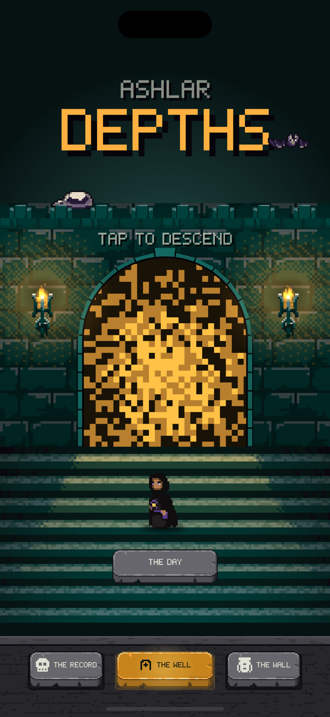 The Ashlar Depths title screen: the name in gold above a teal stone wall, a lit arch in its middle, and a hooded figure on the stair below.
