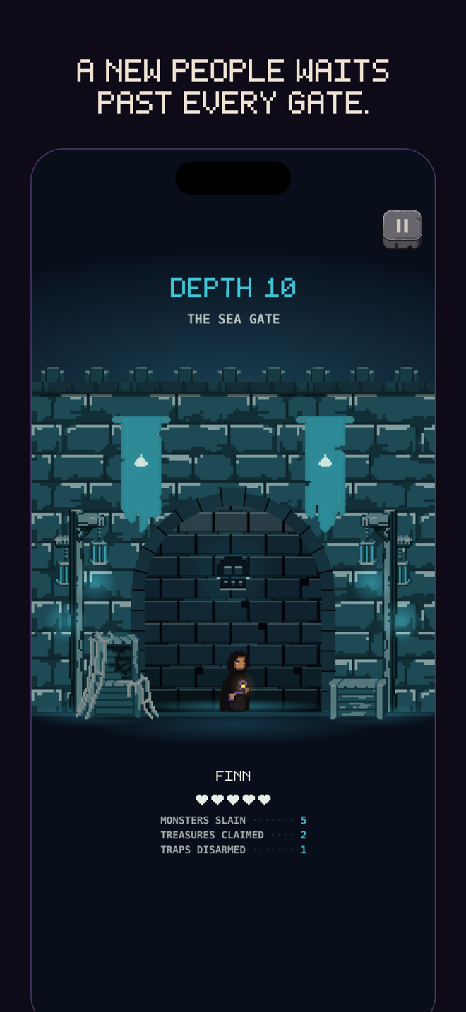 The Drowned's hall with its gate sealed, cold light in the joints, Finn at the foot of the stair.