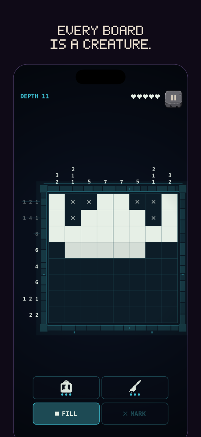 A nonogram board half solved at depth 11, clues along its edges.