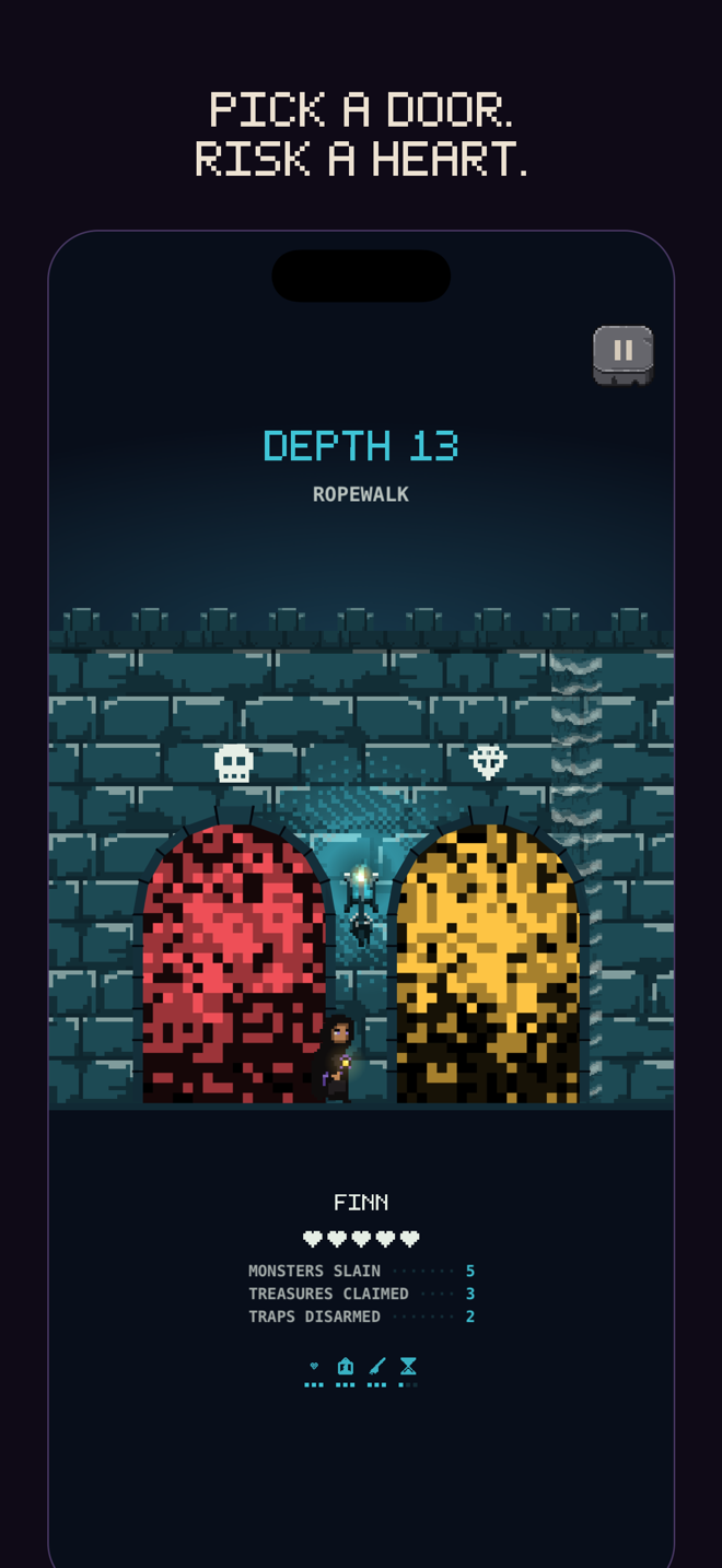Two lit doors in a run, Finn's tally and four relics below.