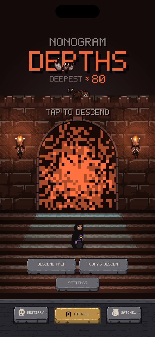 The title screen of Nonogram Depths: the game's name over a lit hearth in the catacombs' stone, deepest 80, tap to descend.